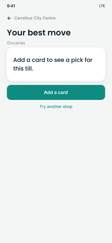 Rewards Catcher, Your best move. Add a card to see a pick for this till. Actions on the screen: Add a card, and Try another shop.
