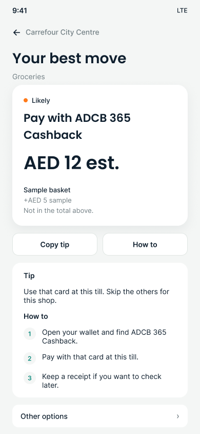 Rewards Catcher, Your best move at Carrefour City Centre. Likely. Pay with ADCB 365 Cashback. AED 12 est. Sample basket, plus AED 5 sample, not in the total above.