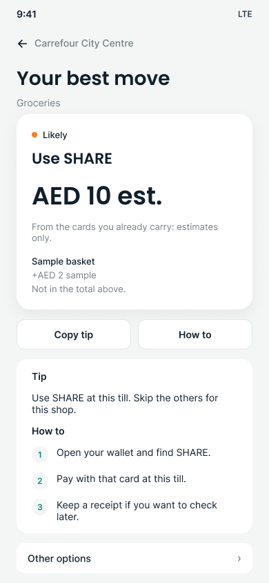 Rewards Catcher, Your best move at Spinneys. Likely. Use SHARE. AED 10 est. Sample basket kept separate from the estimate. Report wrong estimate at the bottom of the screen.