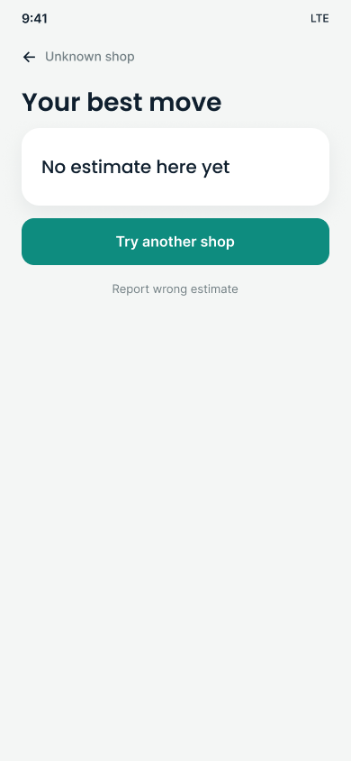Rewards Catcher, Your best move at Noon Minutes. No estimate here yet. Actions on the screen: Try another shop, and Report wrong estimate.