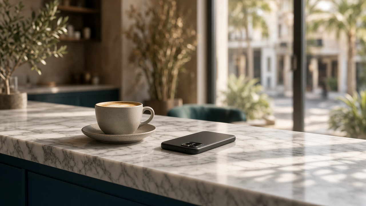 Coffee and a phone on a marble cafe counter in daylight