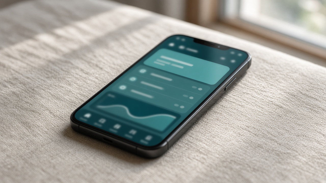 A phone on fabric in warm cafe light, a rewards screen visible