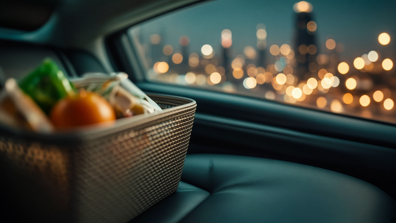 Grocery basket on a car seat after a shop run, city lights outside